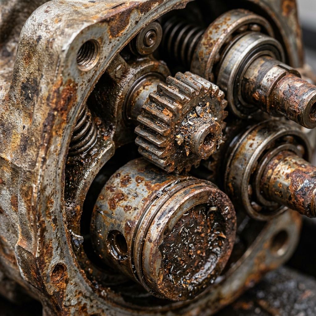 Componentes internos de uma bomba de alta pressão diesel oxidados e com desgaste por contaminação de água