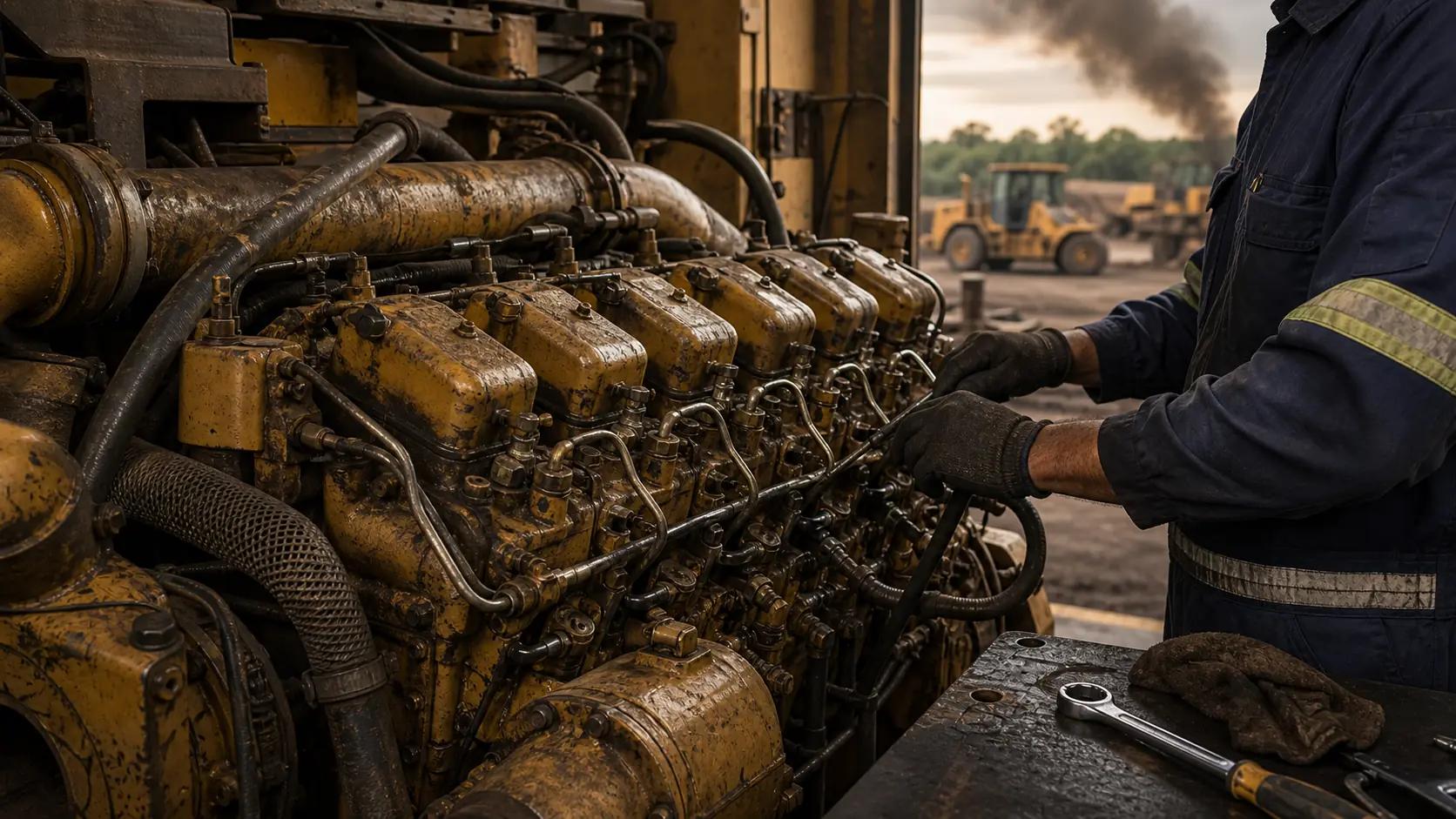 Motor diesel pesado CAT 3406 em diagnóstico com sinais de fumaça e falha de injeção