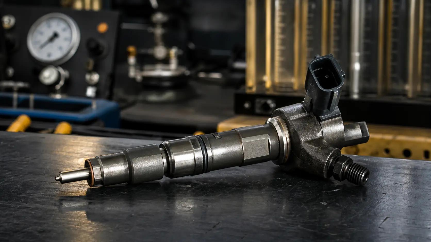 Bico injetor diesel tipo Caterpillar C7 em bancada de diagnóstico