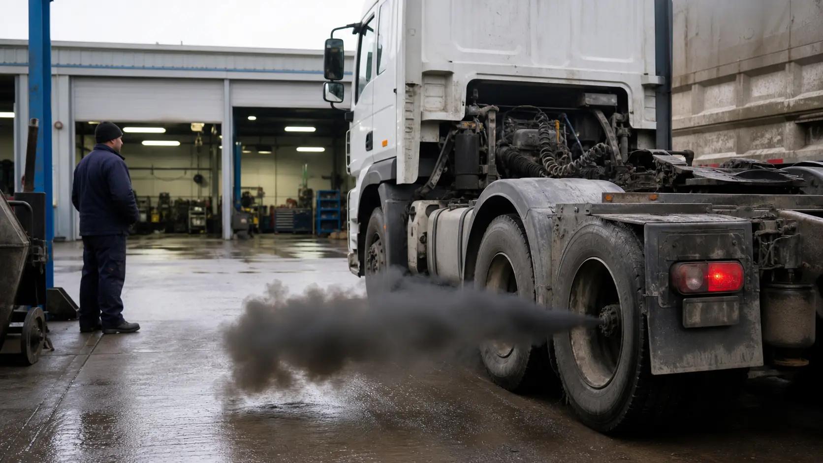 Caminhão diesel em diagnóstico com fumaça escura no escapamento