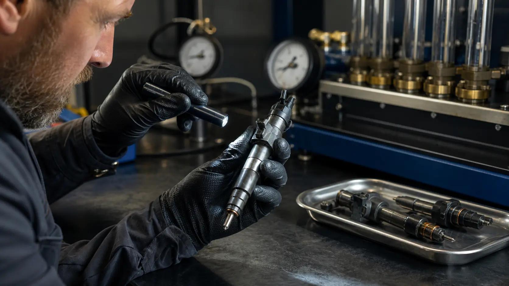Mecânico inspecionando bico injetor diesel removido em bancada