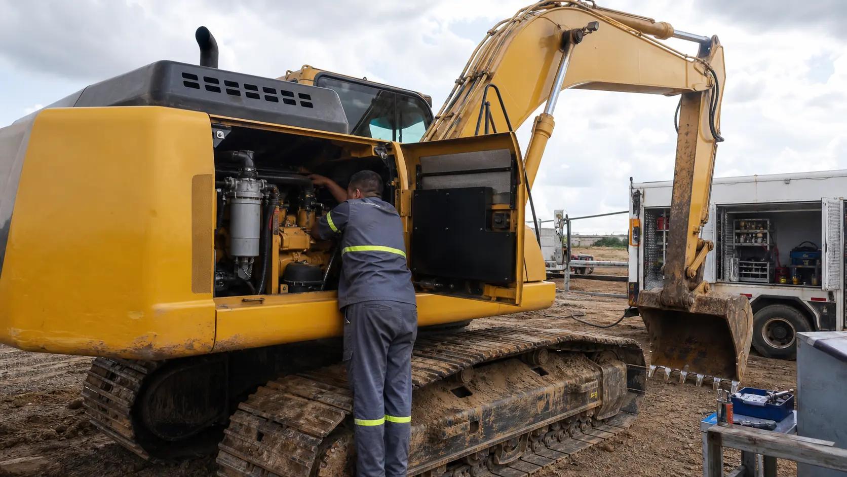 Escavadeira Caterpillar em manutenção de injeção