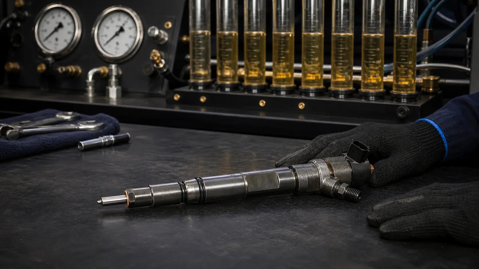 Bico injetor Common Rail do motor Mercedes-Benz OM 457 em bancada de teste