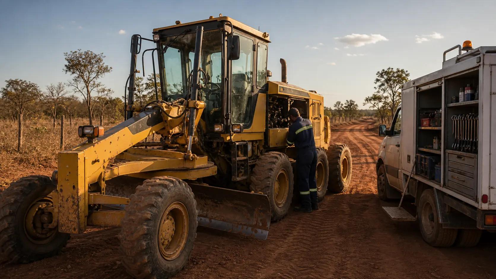 Motoniveladora amarela em estrada de terra de Mato Grosso durante atendimento de manutenção diesel