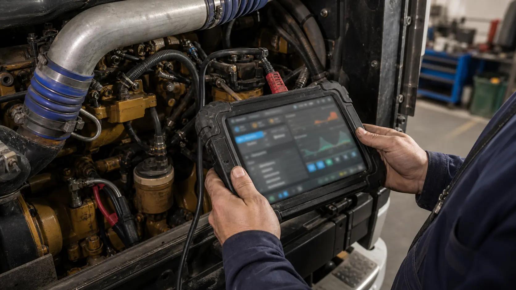 Scanner de diagnóstico conectado a motor diesel pesado