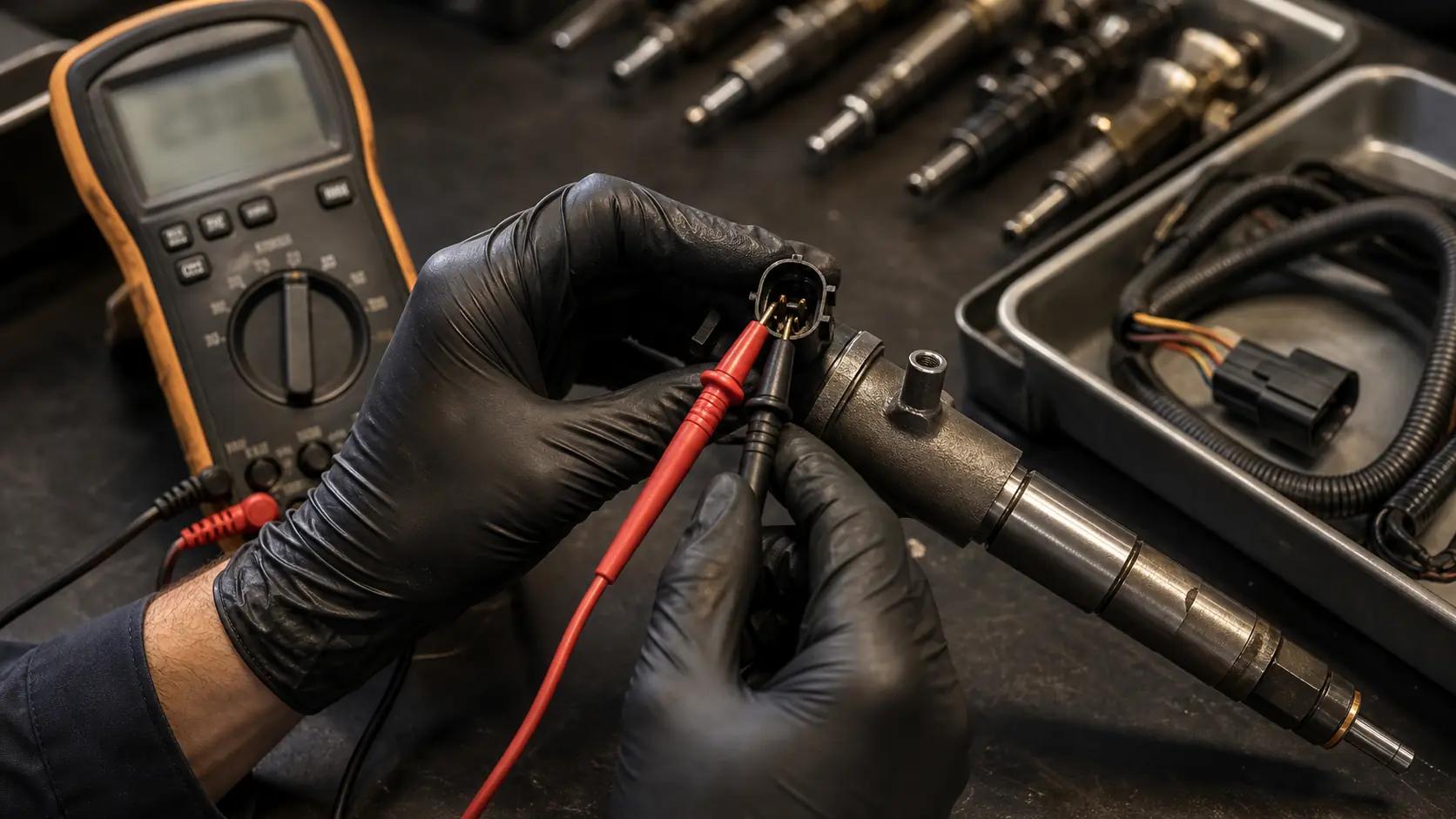 Teste de solenoide de bico injetor diesel com multímetro