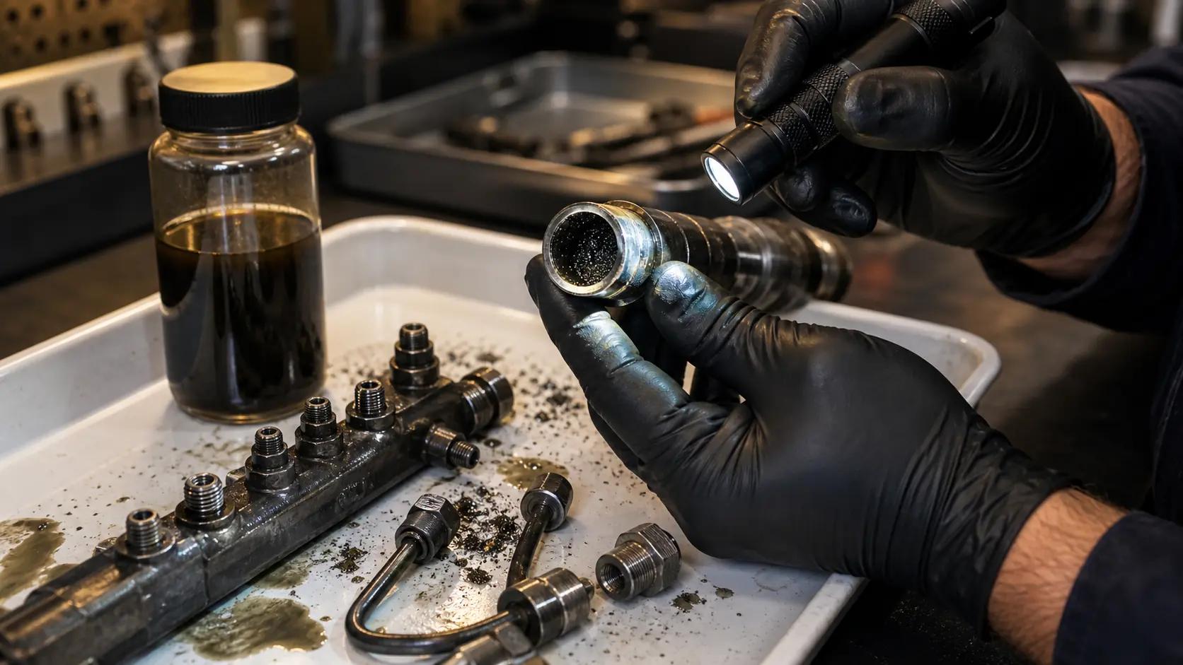 Contaminação em componentes do sistema diesel sendo inspecionada