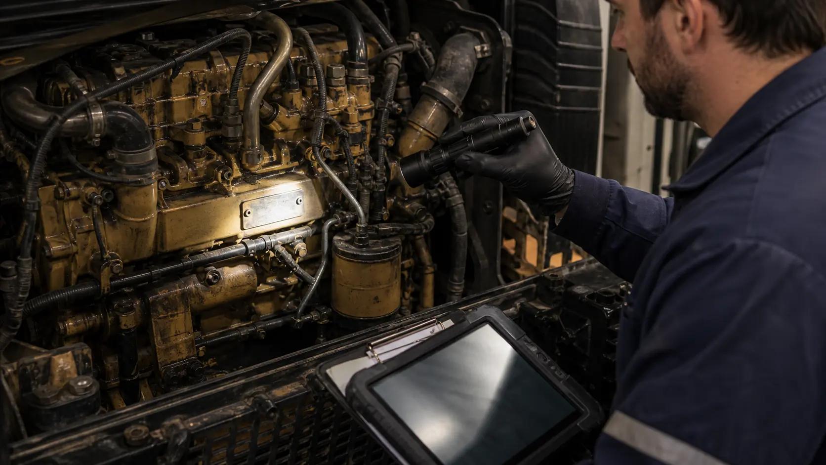 Mecânico conferindo plaqueta de motor diesel para identificar a peça correta