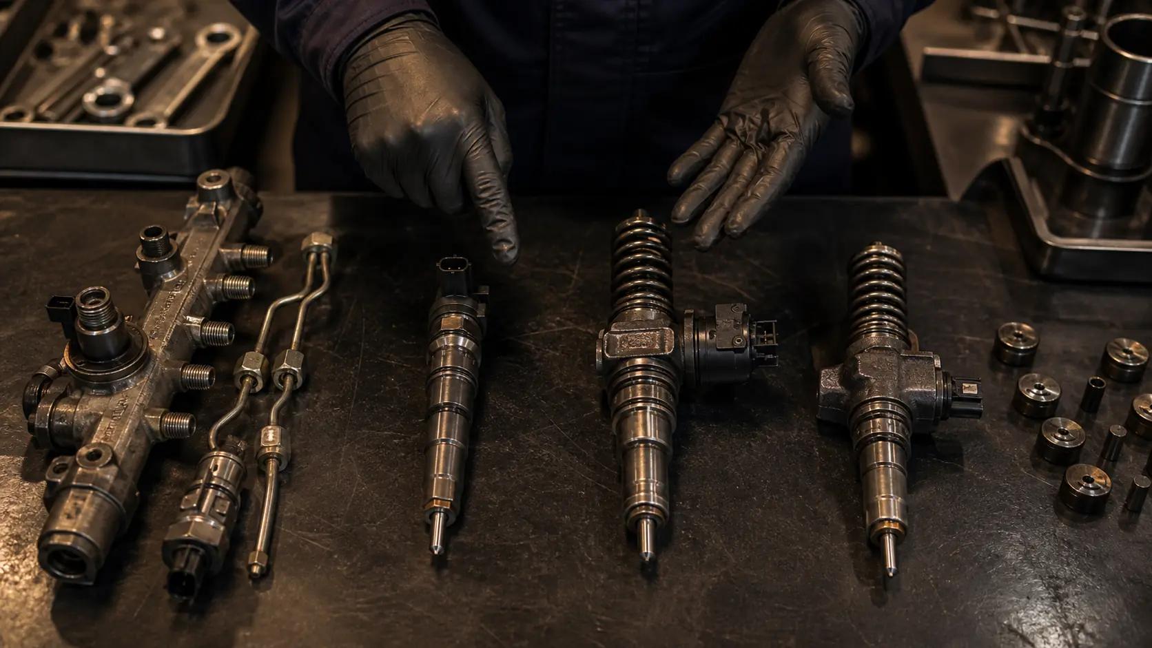 Mecânico explicando diferenças entre componentes de injeção diesel em bancada