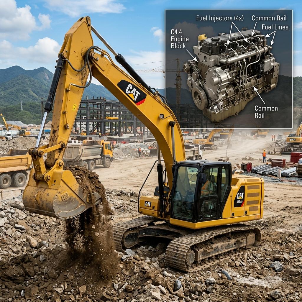 Escavadeira Caterpillar 320 GC trabalhando em obra de terraplanagem com motor de injeção eletrônica