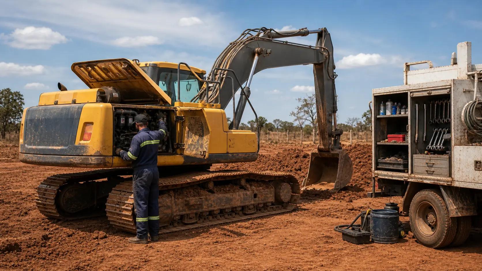 Escavadeira Volvo EC210 em obra rural com painel lateral aberto para manutenção do motor D7E
