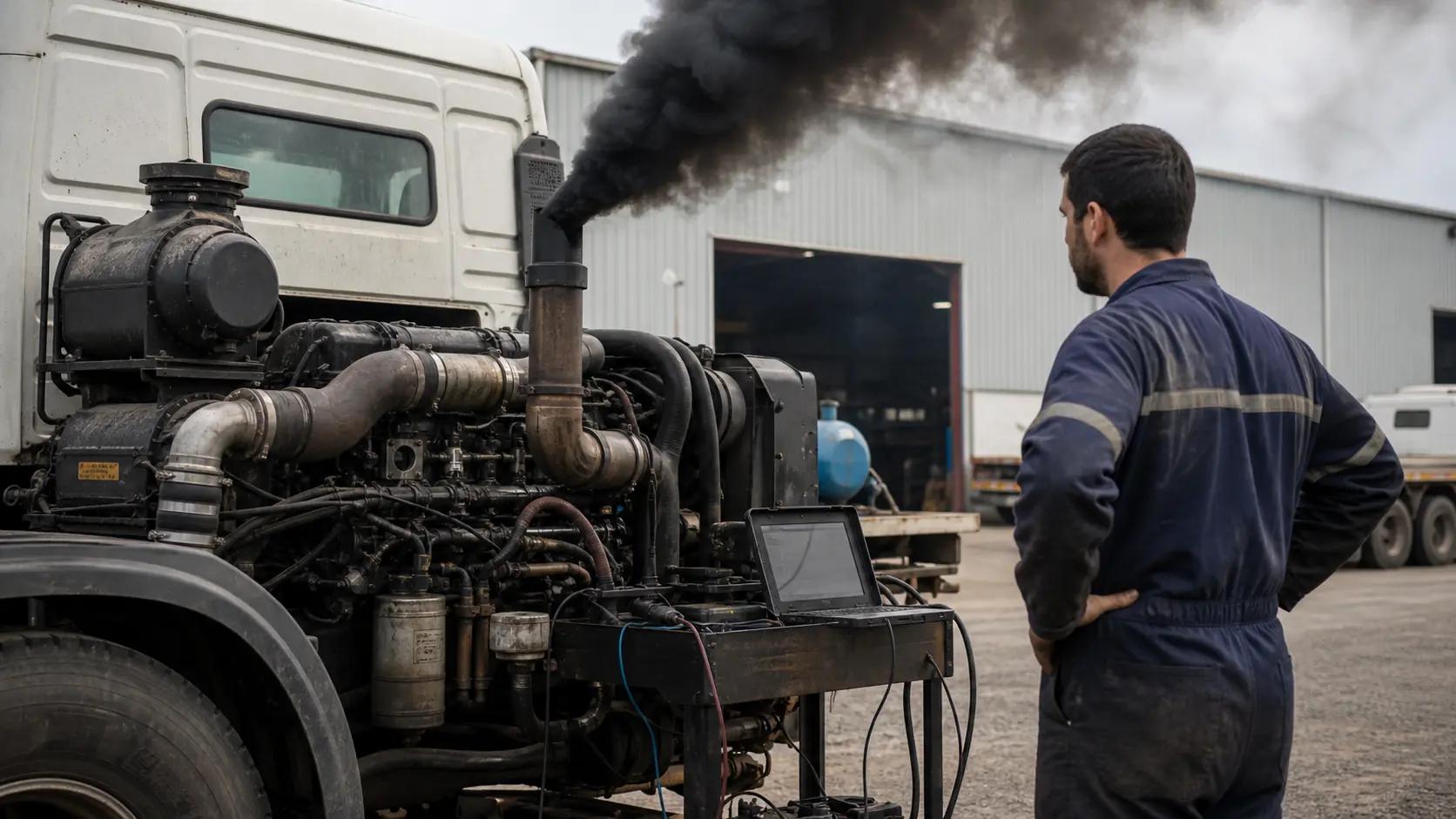 Motor diesel em teste controlado com fumaça preta no escapamento