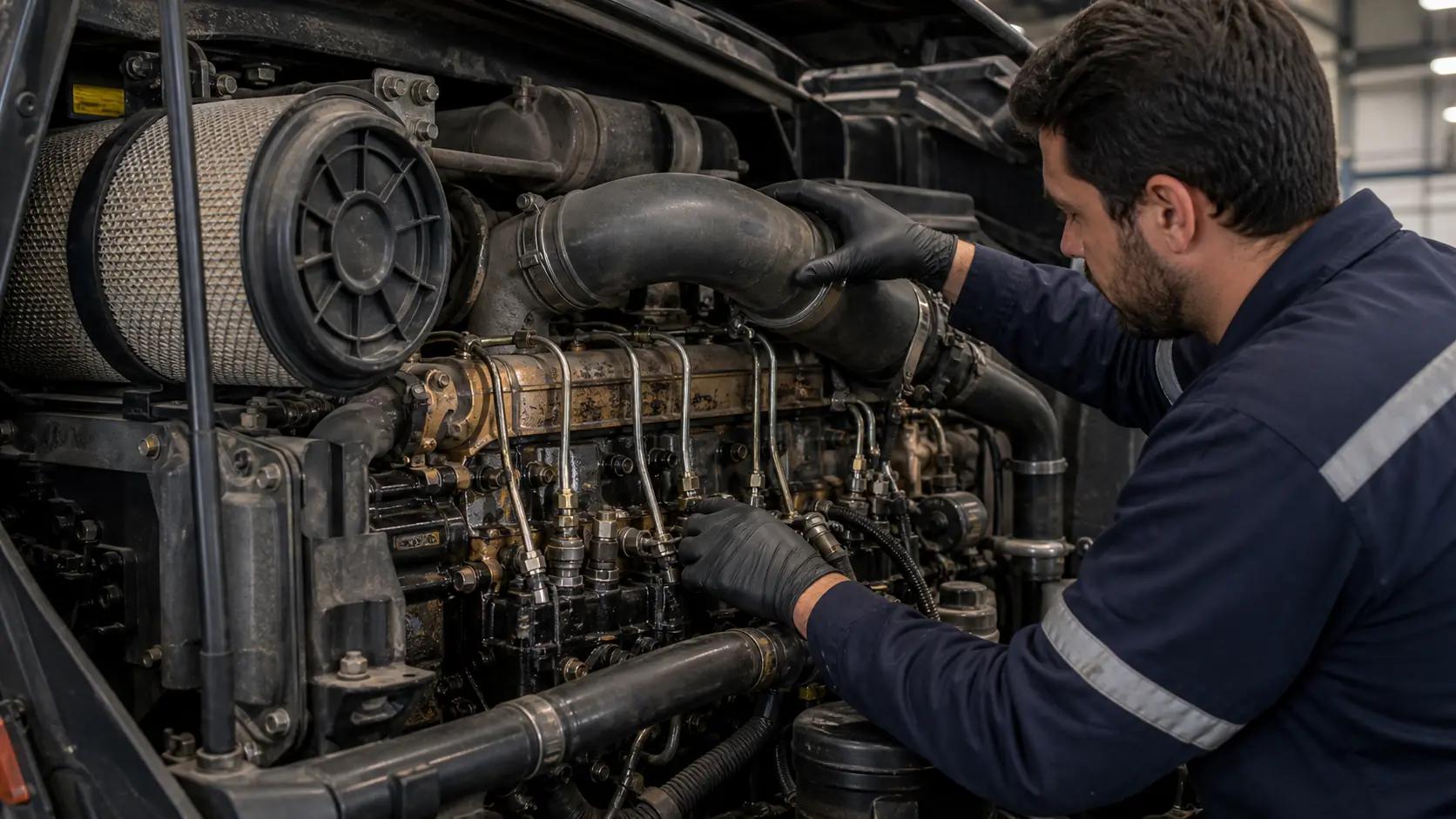 Mecânico inspecionando filtro, turbo e sistema de injeção em motor diesel