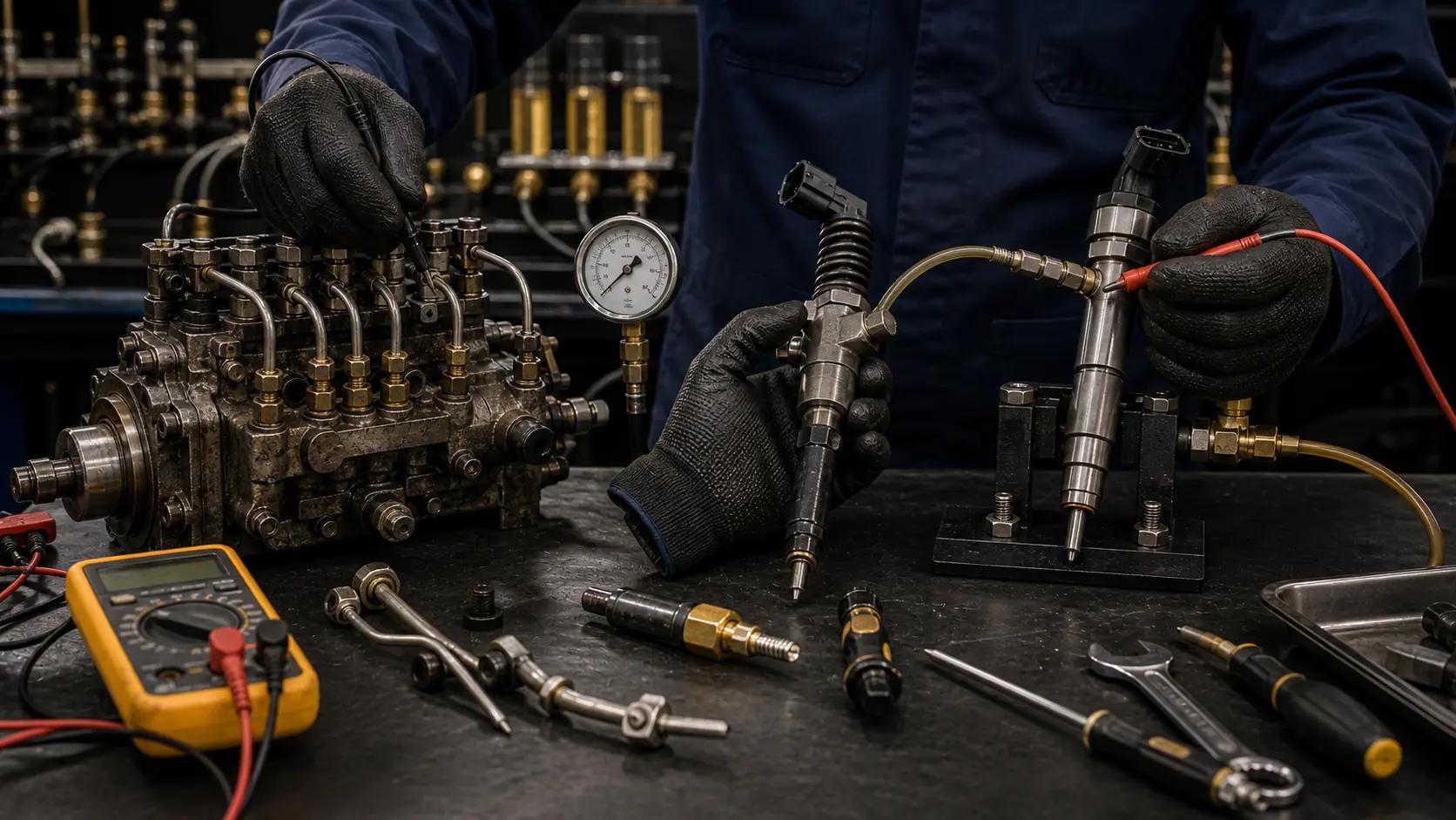 Técnico diagnosticando diferentes sistemas de injeção diesel com manômetro, multímetro e peças na bancada