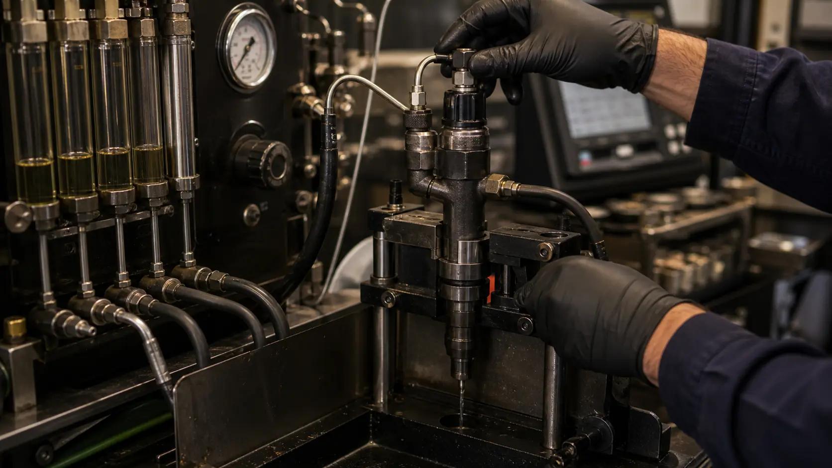 Bico injetor de máquina pesada em teste de bancada