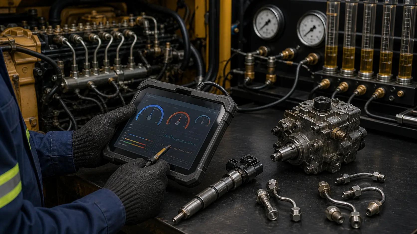 Técnico em Cuiabá diagnosticando sistema de injeção diesel com scanner e componentes em bancada