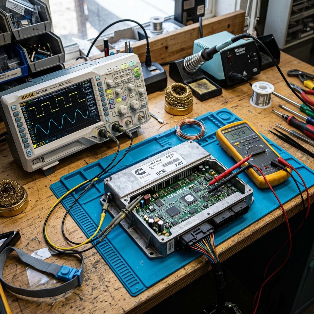 Módulo de controle do motor eletrônico ECM Cummins em bancada de testes elétricos e simulação de chicote