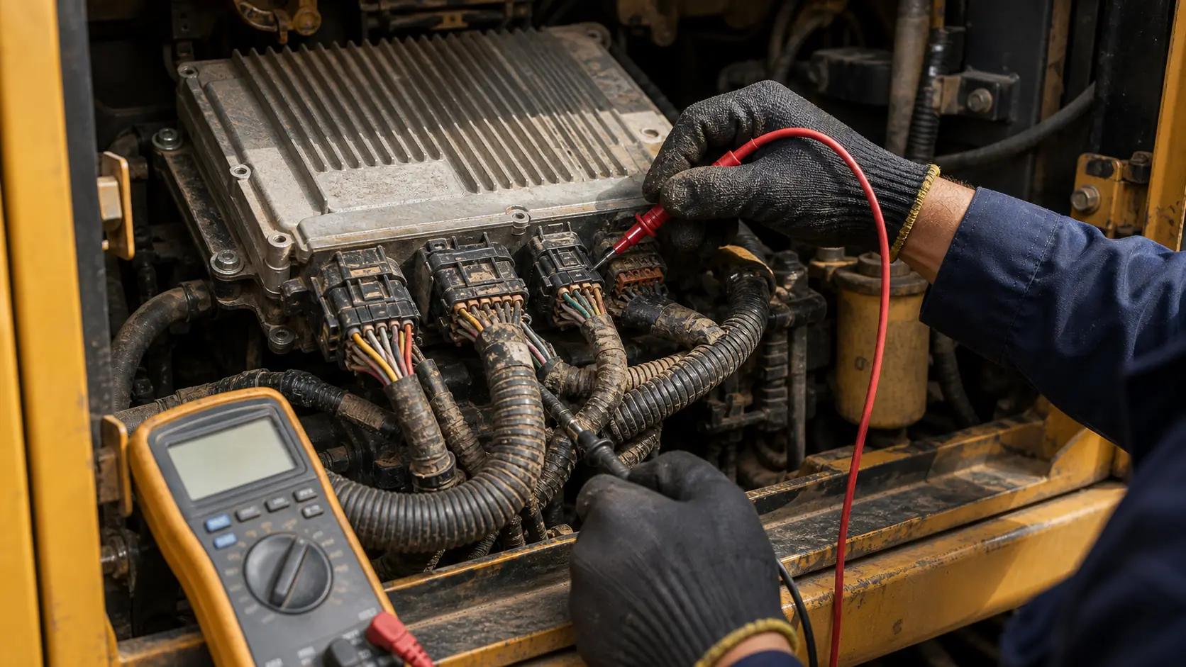Inspeção de chicote e conectores da ECU de escavadeira antes de substituir módulo motor