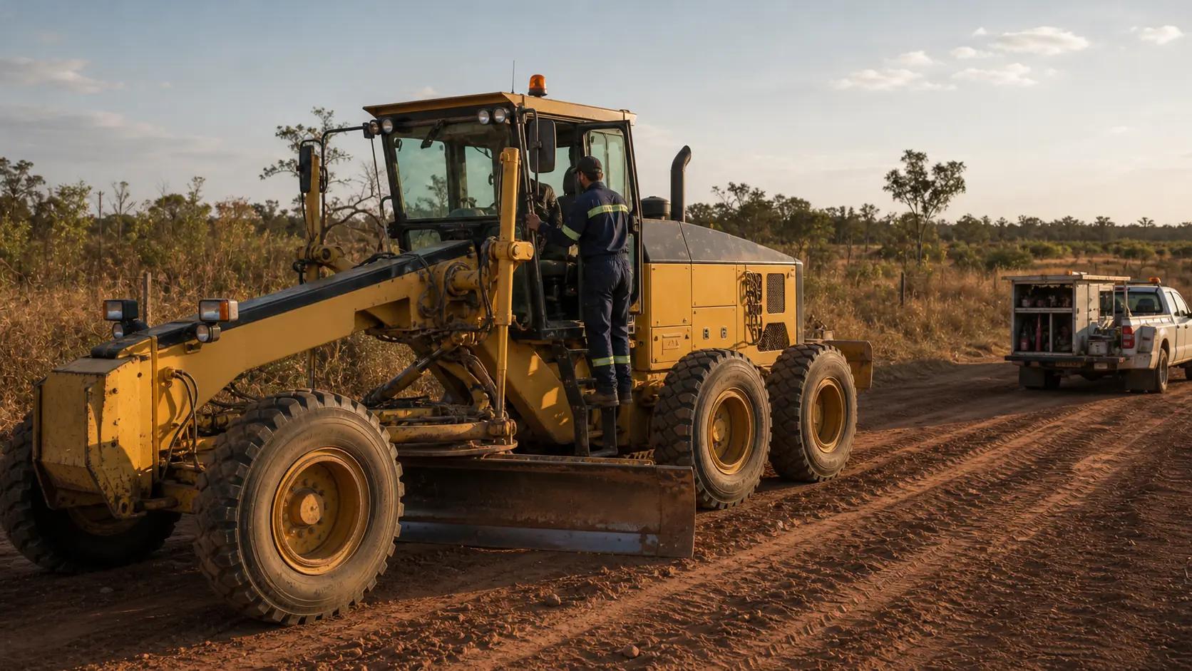 Motoniveladora Volvo G940 trabalhando em estrada rural de Mato Grosso