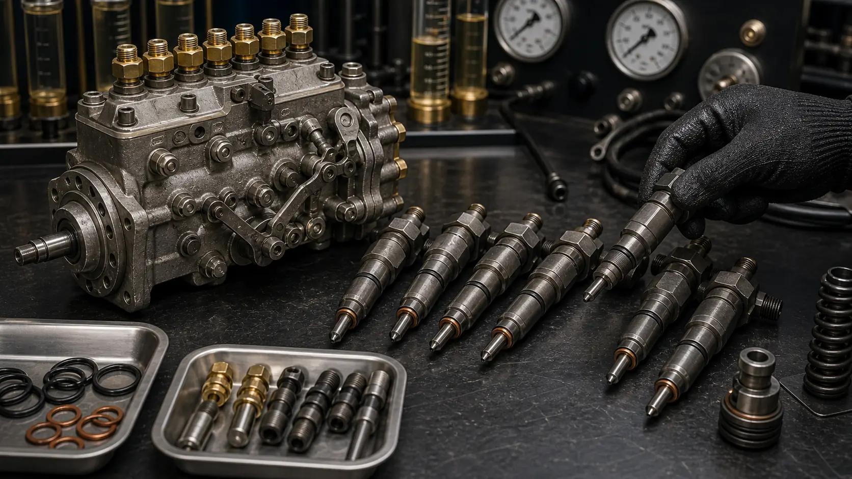 Bomba injetora mecânica e bicos do motor Caterpillar 3306 organizados em bancada reman