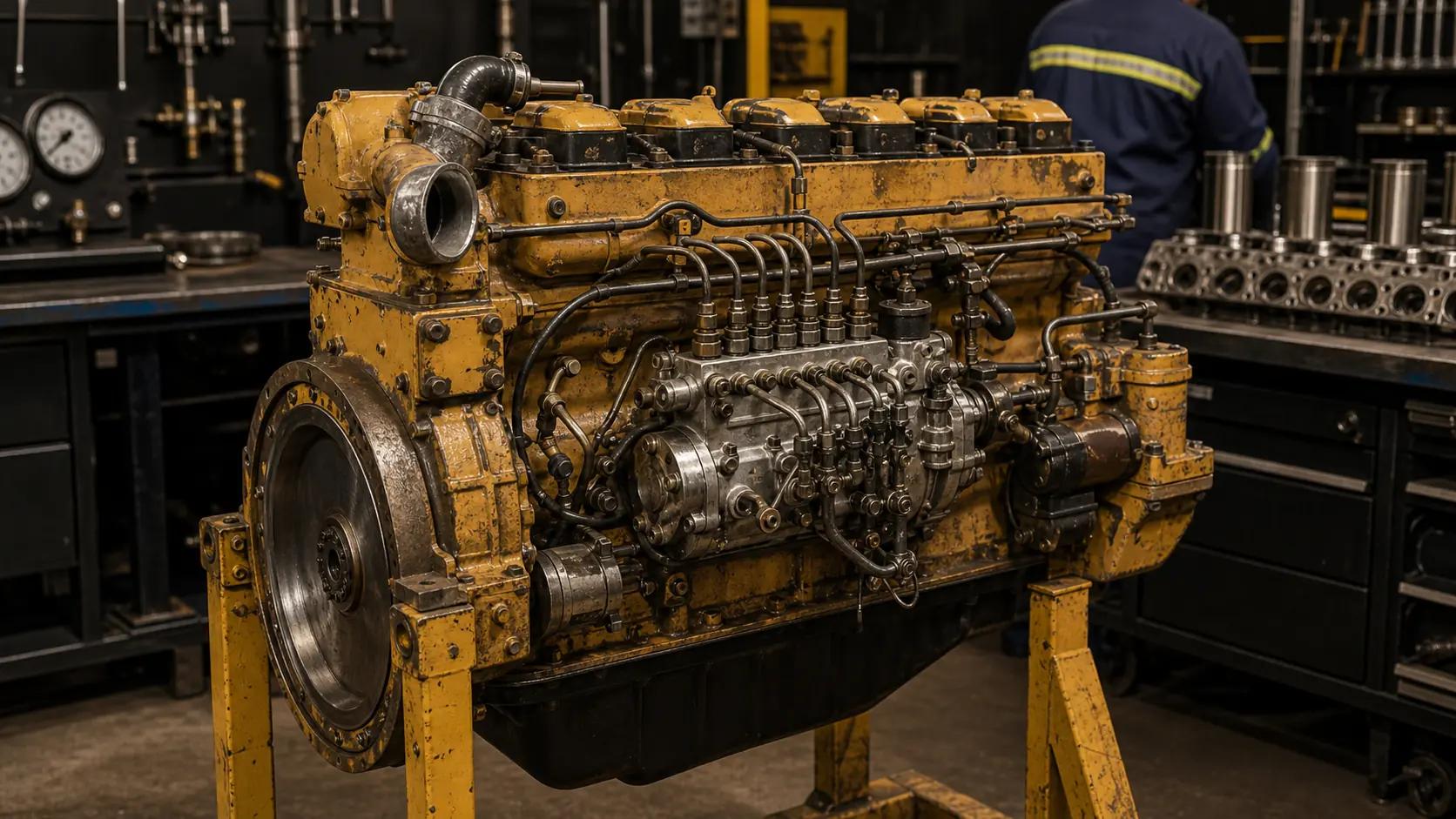 Motor diesel Caterpillar 3306 em cavalete de oficina para revisão pesada