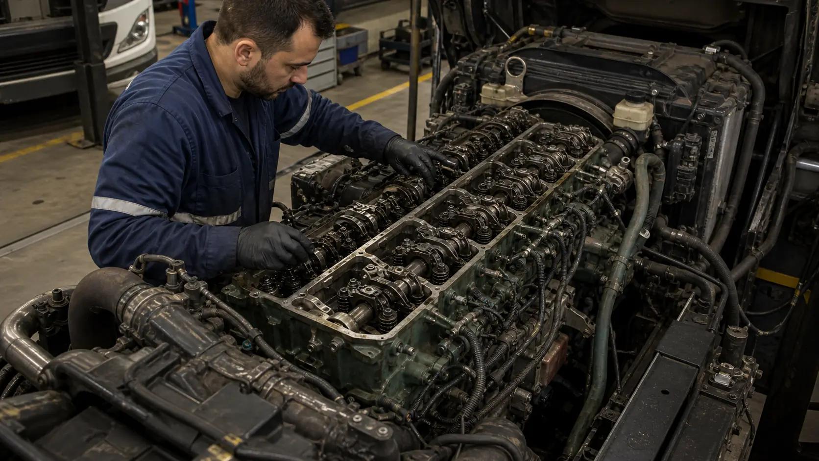 Motor diesel Volvo D7E em manutenção em oficina