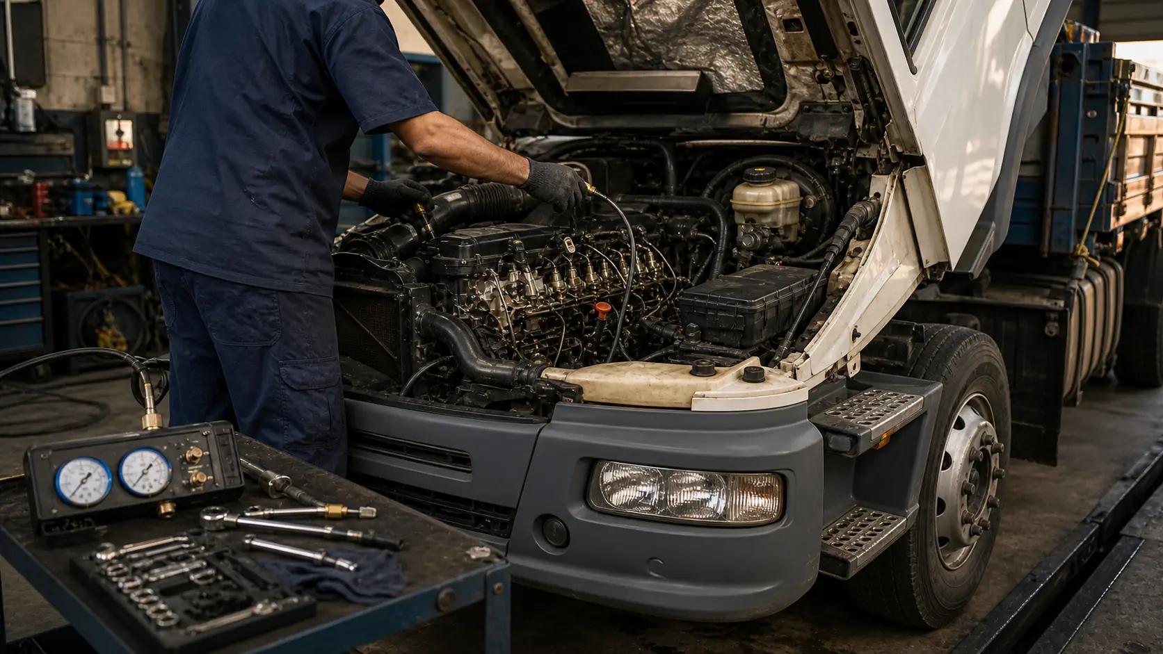 Caminhão médio com motor Mercedes-Benz OM 904 LA exposto em manutenção preventiva diesel