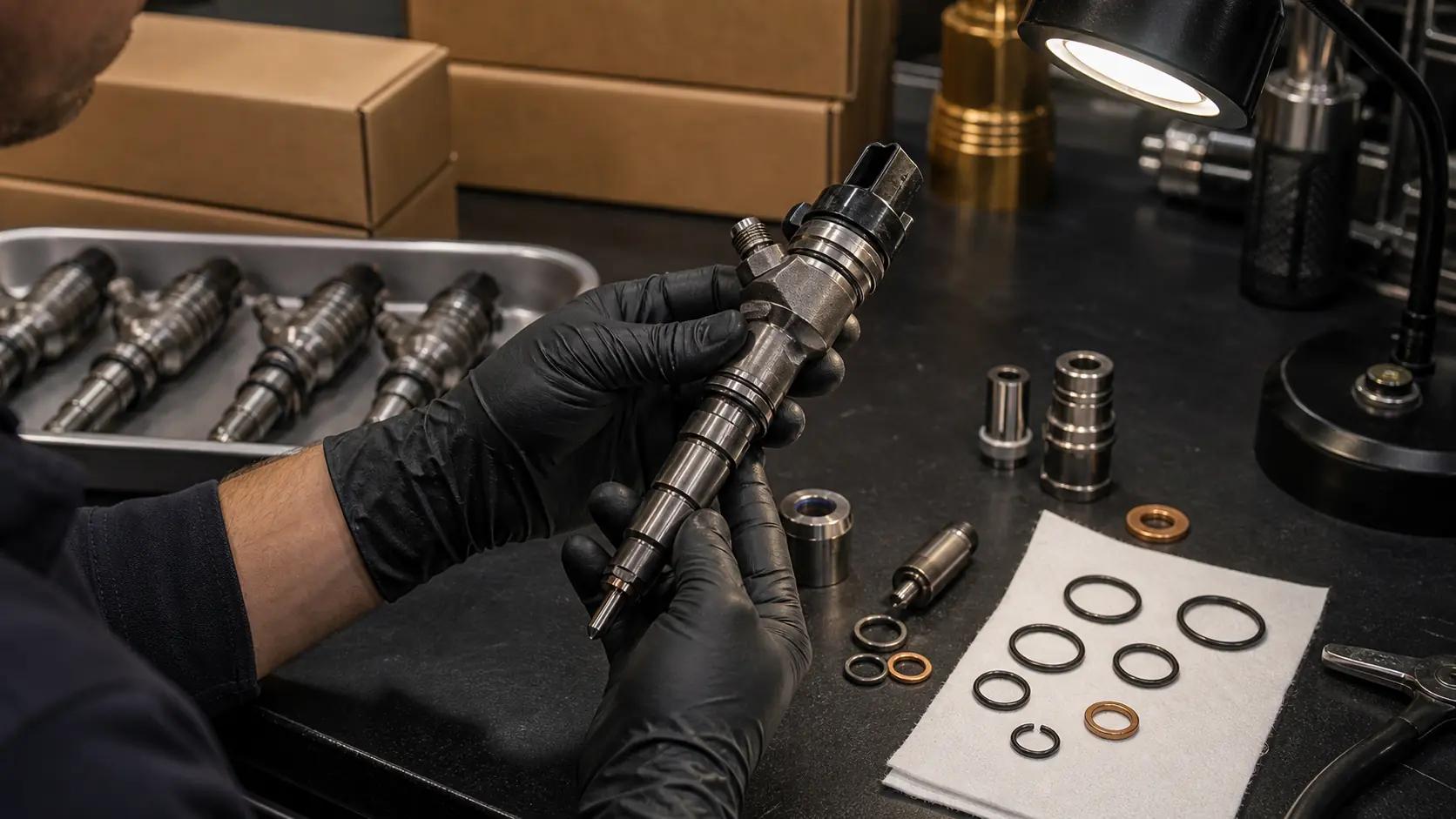 Inspeção de qualidade em bico injetor diesel remanufaturado