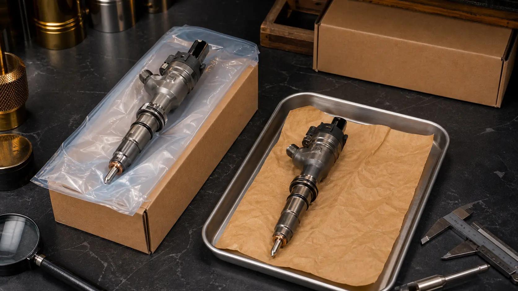 Peça diesel nova e remanufaturada comparadas em bancada