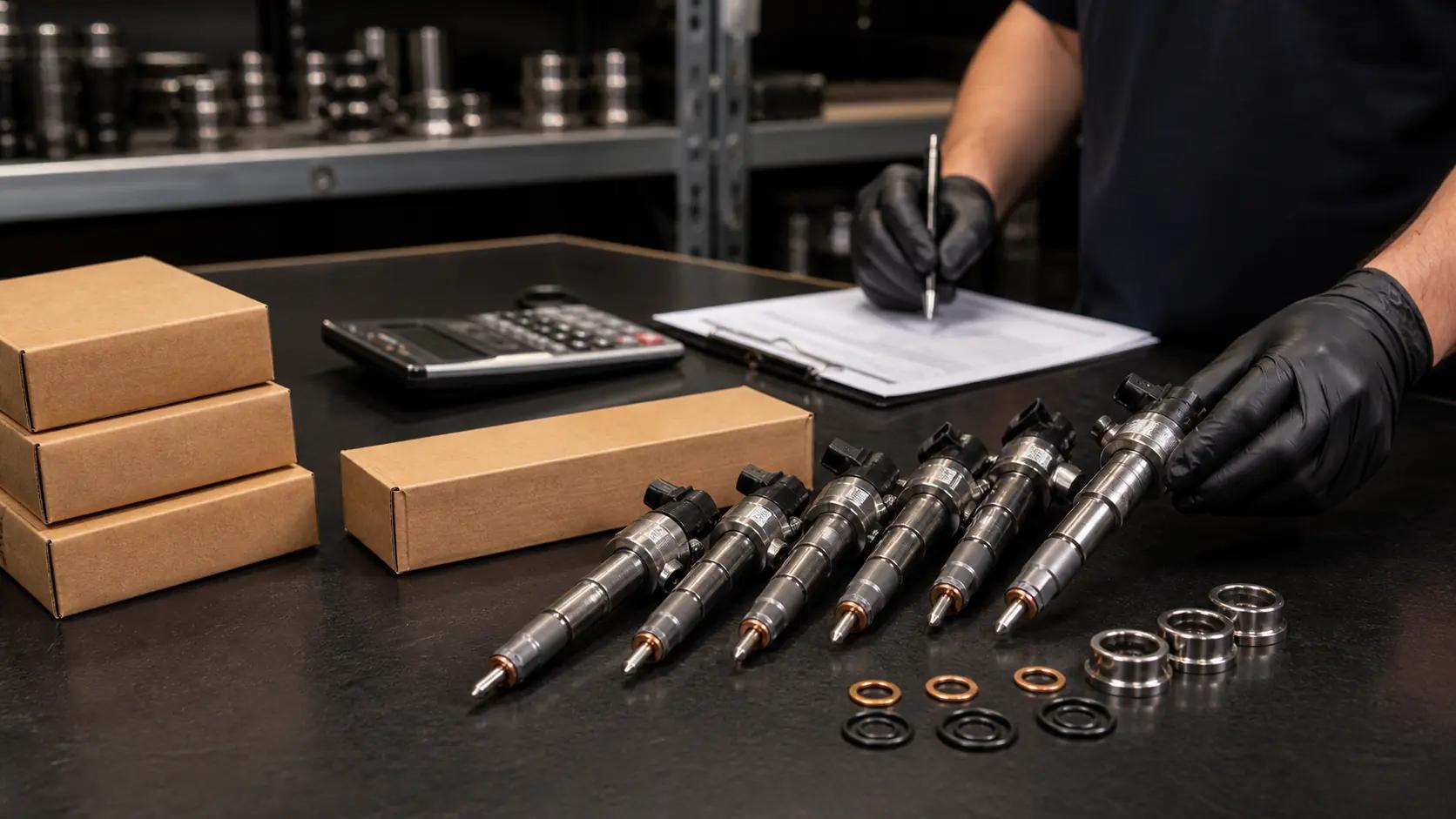 Cotação de bicos injetores diesel com peças e documentos em bancada