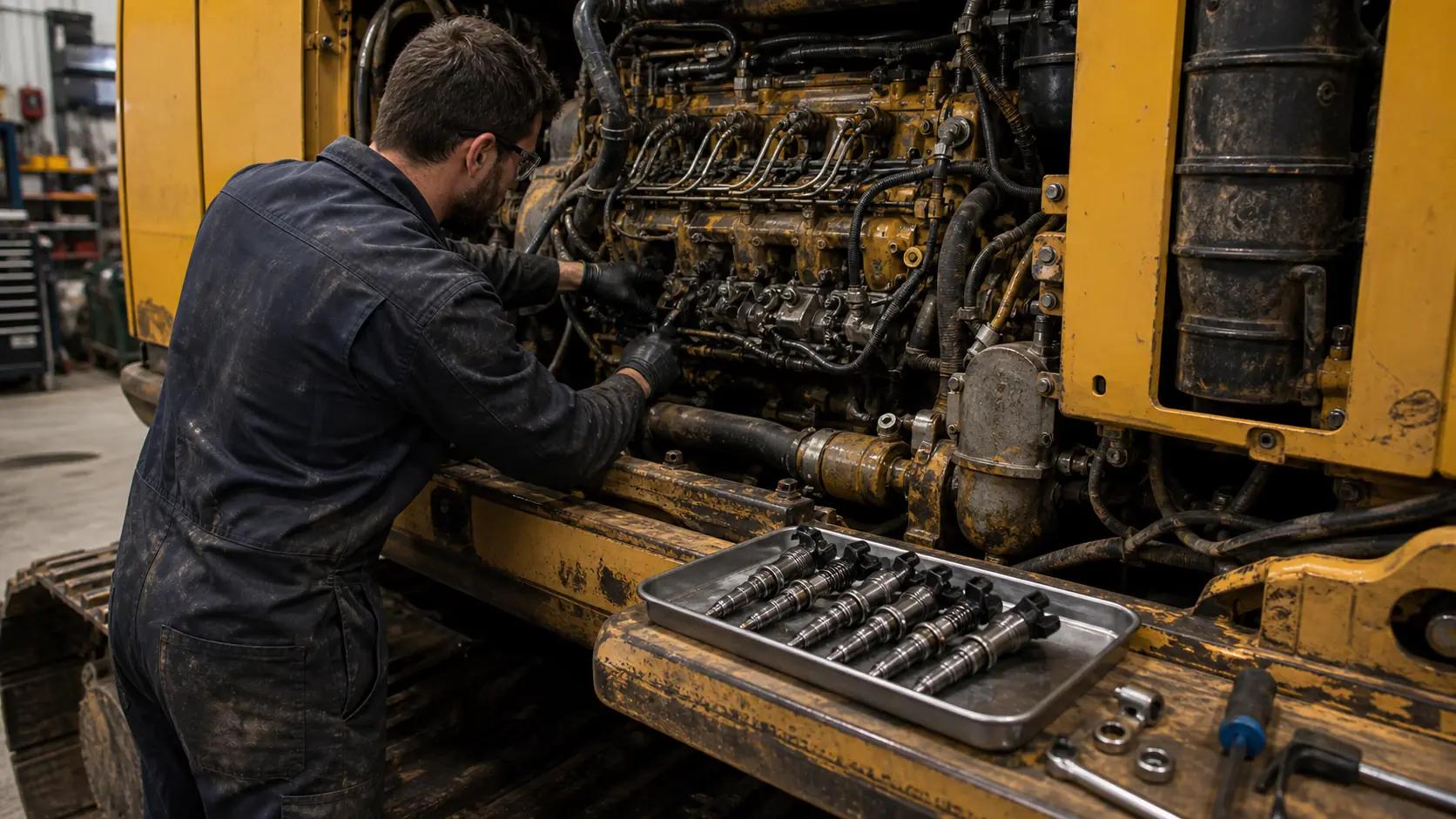 Escavadeira em manutenção de sistema de injeção diesel