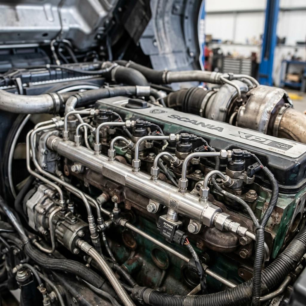 Esquema e bancada de teste do sistema Common Rail XPI Scania com acumulador e bomba de alta