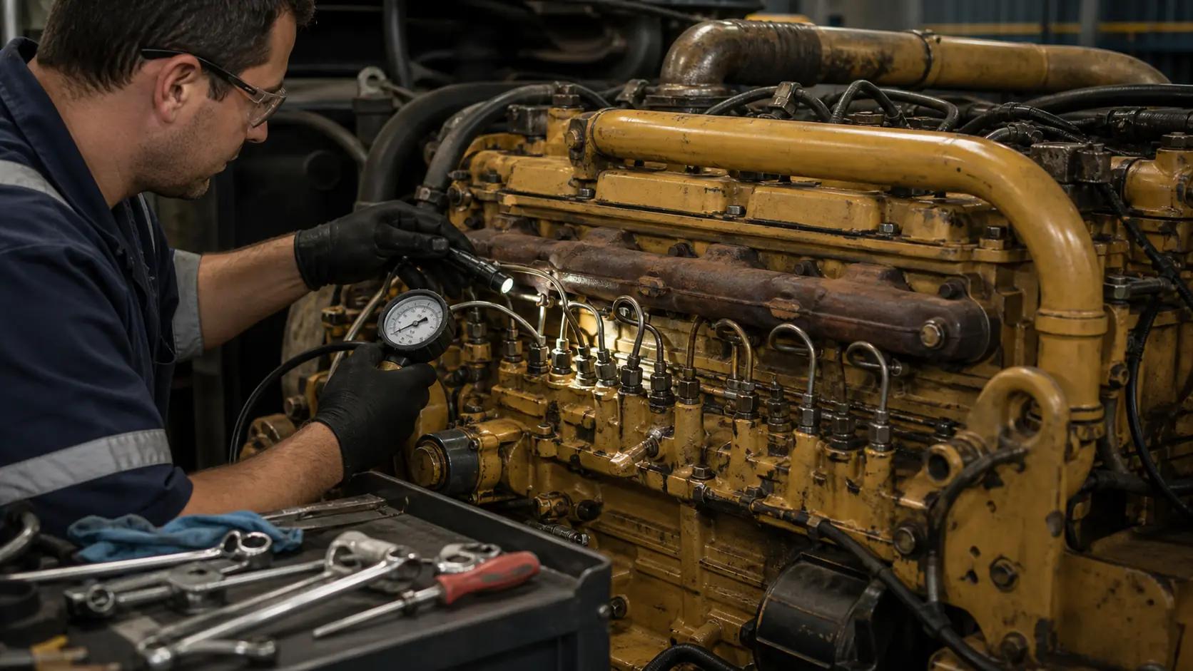 Motor diesel tipo CAT C7 em diagnóstico do sistema de injeção