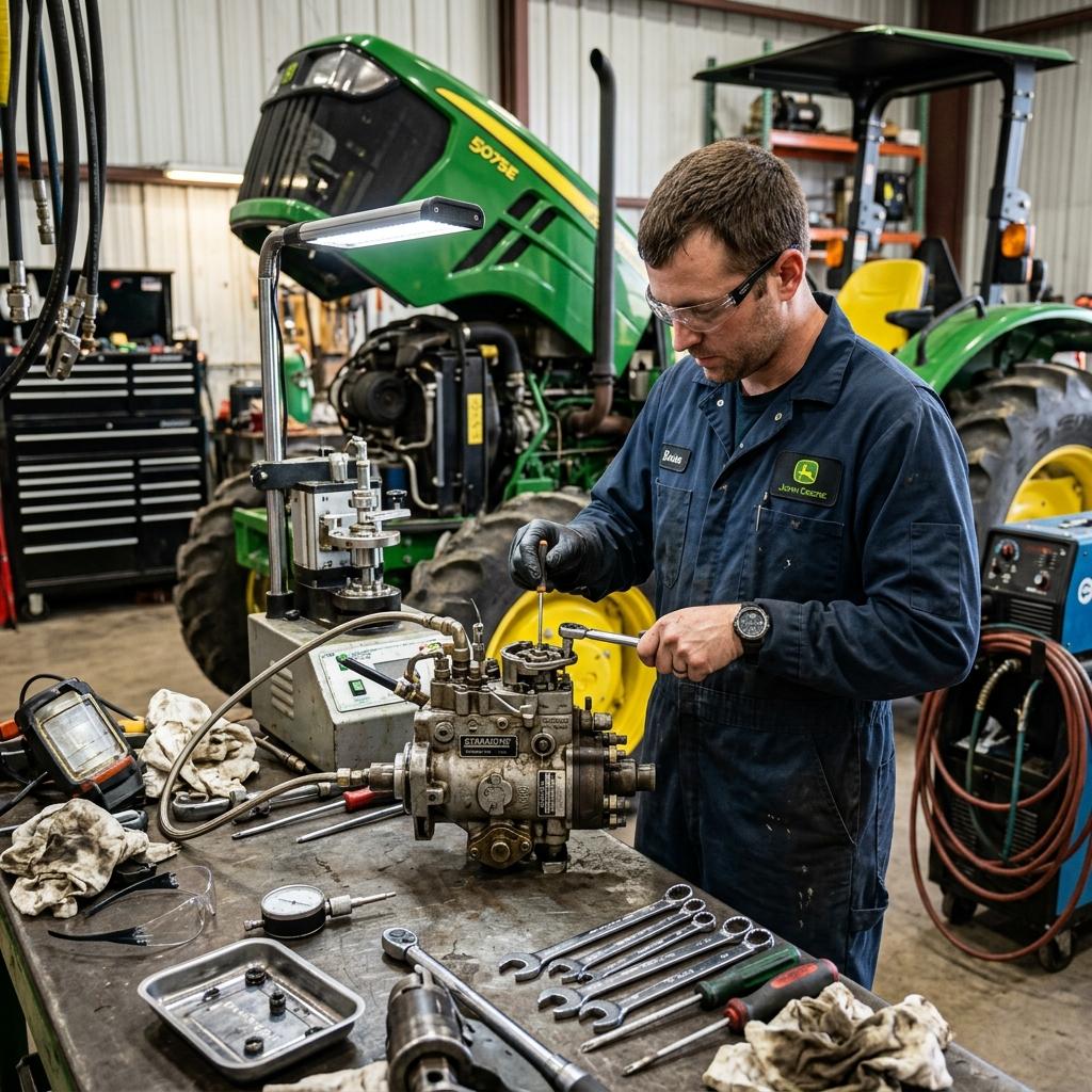 Manômetro e conexões hidráulicas avaliando pressão de alimentação e transferência em bomba de trator